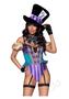 Leg Avenue Mischievous Mad Hatter Garter Bodysuit With Strappy Deep-v And Puff Sleeves, Bow Collar, And Mad Hatter Hat (3 Piece) - Small - Multicolor